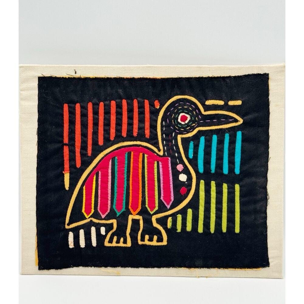 Vintage Kuna Indian Panama Mola Bird Art Mounted 8x10 Sewn Textile Folk Art MCM